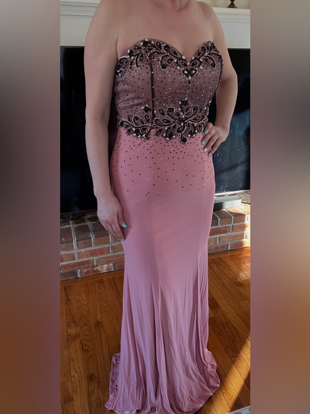 Strapless Pink Embellished Evening Gown